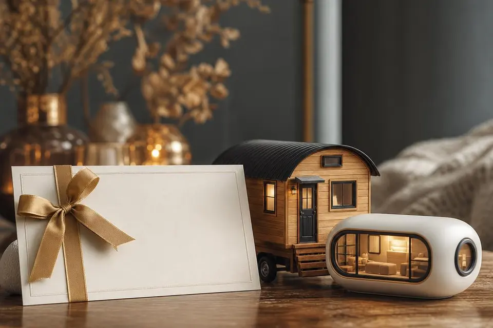 Gutschein neben Modell eines Tiny Houses auf Rädern und einer Space-Capsule-Wohnkapsel – Beratungs-Gutschein für Tiny House und Space Capsule Gutschein neben Modell eines Tiny Houses auf Rädern und einer Space-Capsule-Wohnkapsel – Beratungs-Gutschein für Tiny House und Space Capsule