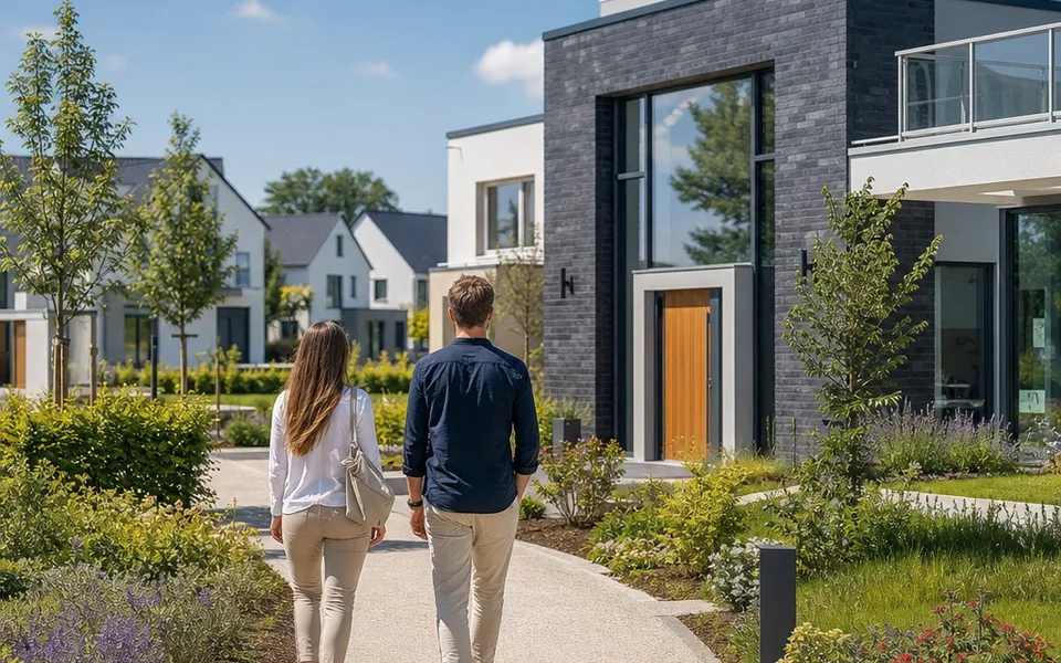 Paar geht im Musterhauspark auf ein modernes Ausstellungshaus zu – die Musterhaus-Besichtigung vorbereiten 2026 Paar geht im Musterhauspark auf ein modernes Ausstellungshaus zu – die Musterhaus-Besichtigung vorbereiten 2026