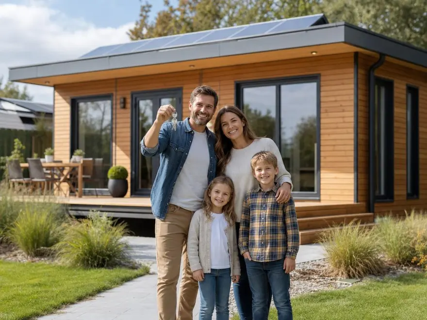 Einzug ins Modulhaus: Familie vor ihrem Neubau mit Photovoltaik Glückliche junge Familie mit zwei Kindern vor ihrem neuen Modulhaus mit Holzfassade und Solaranlage auf dem Flachdach am Einzugstag