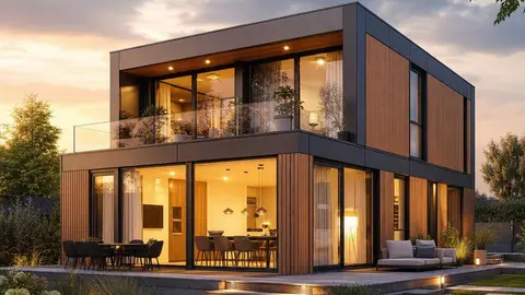 Neubau-Beispiel: modernes Modulhaus am Abend Modernes Modulhaus mit Holzlamellen-Fassade und warm beleuchteten Fensterfronten am Abend